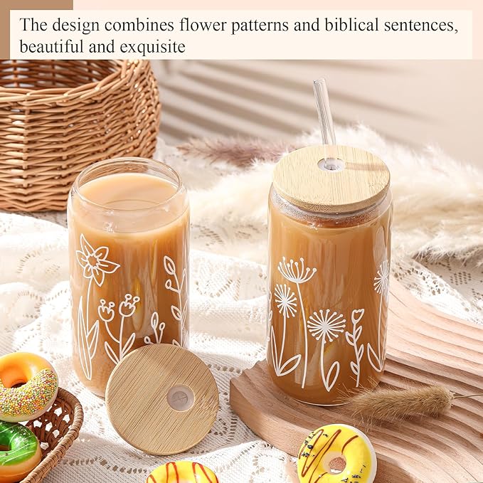 Mumufy 2 Pack Bridesmaid Gift Glass Cups, Cute Flower Mason Jars with Bamboo Lids & Straws, 16oz Iced Coffee Tumblers for Wedding, Bridal Party, Birthday, Mother's Day(Boho Flower)
