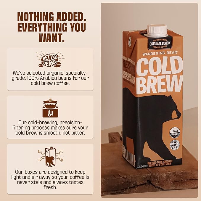 Wandering Bear Organic Cold Brew Coffee Variety Pack - Extra Strong, Bold, Smooth, Unsweetened, Shelf-Stable, Ready to Drink & Vegan, Iced Cold Brewed Coffee Drink - 32 fl oz (3pk - Vanilla, Black, Mocha)