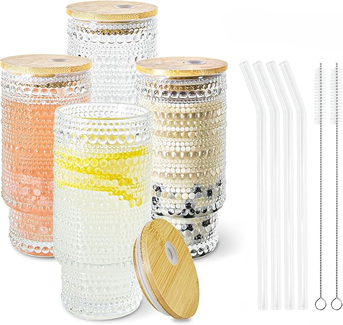 4 Pcs 16 oz Glasses Cups with Bamboo Lids Straws Brush Hobnail Glass Tumbler with Straw and Lid for Juice Iced Coffee Soda Cocktail Juice
