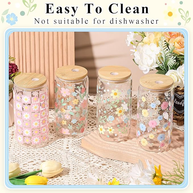 Mumufy 4 Pack Bridesmaid Gift Glass Cups, Cute Flower Mason Jars with Bamboo Lids & Straws, 16oz Iced Coffee Tumblers for Wedding, Bridal Party, Birthday, Mother's Day(Pastel Flower)