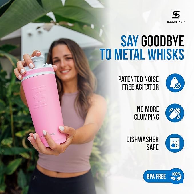 Ice Shaker Insulated Stainless Steel Shaker Bottle | 26oz, Pink | Cold for 30+ Hours | Insulated Cup with Twist-on Agitator | Odor-Free Bottle for Protein Shakes, Water, Smoothies, Cocktails
