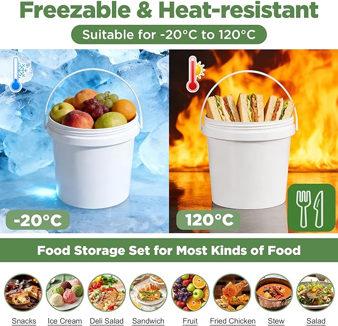 4 Pack 64oz Plastic Buckets with Screw Lids & Handle, Food Grade Storage Containers for Kitchen, Freezer - Reusable White Plastic Bucket Set