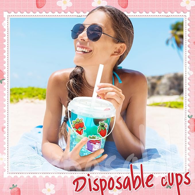 Funnymoom 30 Set Strawberry Drink Buckets with Lids and Straws 34oz Large Clear Plastic Cups Disposable Rum Cocktail Pails with Handles and Stickers for Summer Birthday Beach Pool Party Supplies