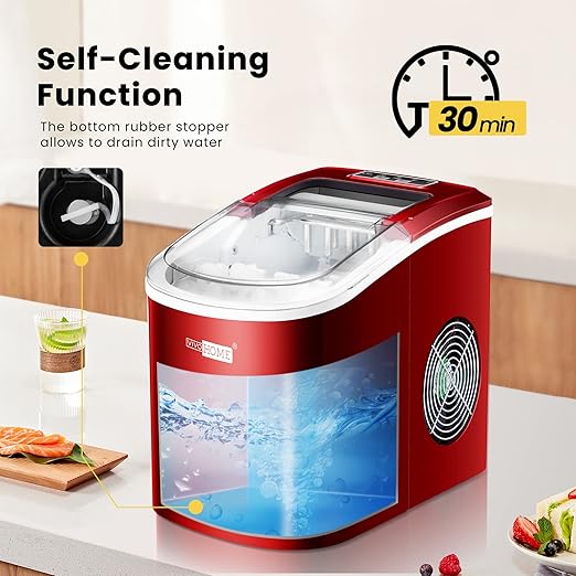 VIVOHOME Electric Portable Compact Countertop Automatic Ice Cube Maker Machine with Hand Scoop 10 Ice Bags and Self Cleaning Function 27lbs/Day Red