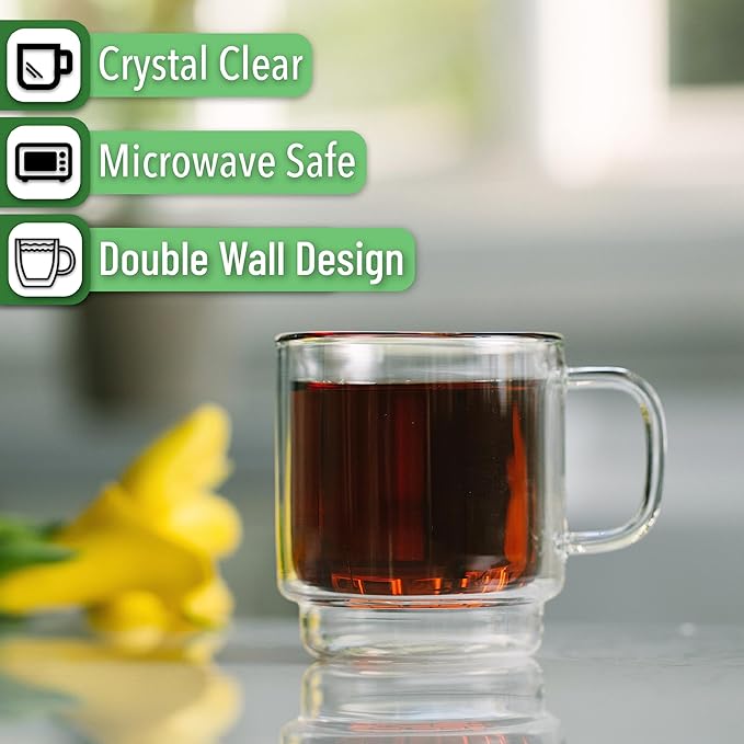 BTaT- Double Walled Stackable Espresso Cups, 5 oz, Set of 4, Clear Coffee Mugs, Double Wall Insulated Espresso Cups, Coffee Mugs for Tea, Lattes, Hot & Cold Beverages