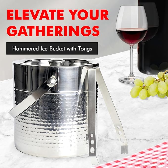 Chef Craft Hammered Ice Bucket with Tongs, Elegant Rust-Resistant Stainless Steel Ice Bucket, 3-Quart Ice Bucket Ice Buckets for Parties, Large Ice Bucket for Indoor or Outdoor Use
