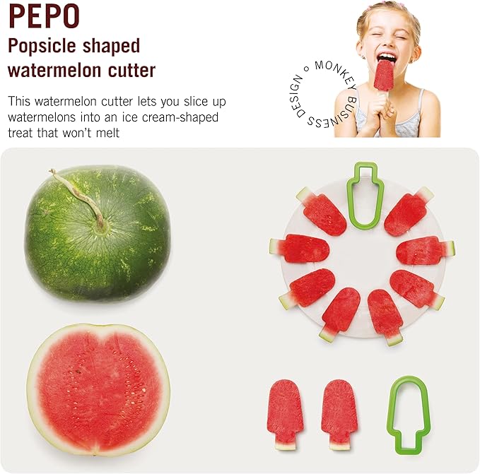 Monkey Business Pepo Watermelon Popsicle Cutter Mold, Stainless Steel Watermelon Slicer, Fun Popsicle Shape Sandwich and Cookie Cutter for Fruits