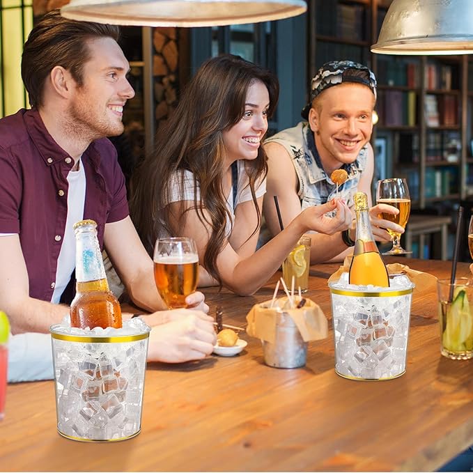 Ice Buckets Bulk, 6 Liter Plastic Round Ice Buckets, Disposable Storage Drink Tub or Party Bar Wine Beer Champagne Beverage Bottle Cooler(Clear,Gold Rim and Glitter,18 Pcs)