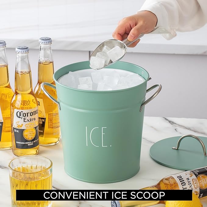 Rae Dunn Ice Bucket with Scoop - Stainless Steel Bucket with Handle, Lid and Ice Scooper - 4 Qt. Storage Bin for Ice Cubes for Bars, Parties, Backyard Barbeques, Picnics, and Camping (Sage)
