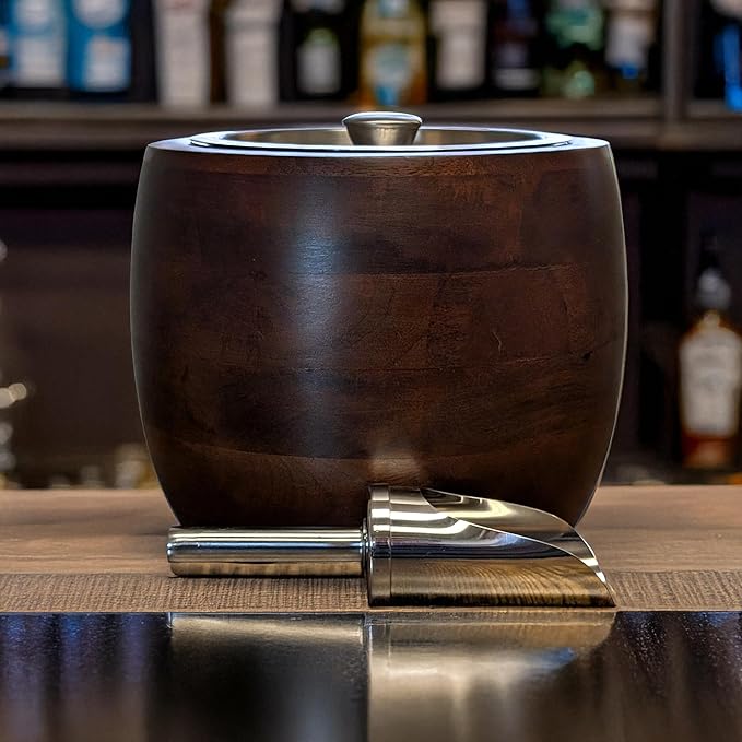 Iceberg 2.3 Quart Ice Bucket with Lid & Scoop – Mango Wood Ice Bucket with Stainless Steel Liner, Airtight Sealed Lid, Premium Barware for Cocktails & Entertaining