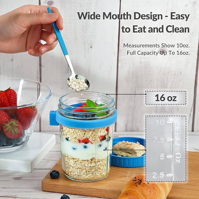 4 Pack Overnight Oats Containers with Lids and Spoons - DRKIO 16 Oz Glass Mason Jars for Overnight Oats Leak Proof Oatmeal Container Great for Cereal Fruit Vegetable Milk Salad Yogurt Meal Prep