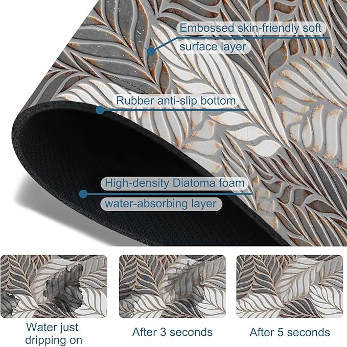 Embossed Leaf Texture Sink Splash Guard Grey Leaf Faucet Absorbing Mat Fast Drying Mat Sink Gadgets Splash Guard Behind Faucet Drip Catcher for Kitchen Bathroom, 15.5"x5.5"