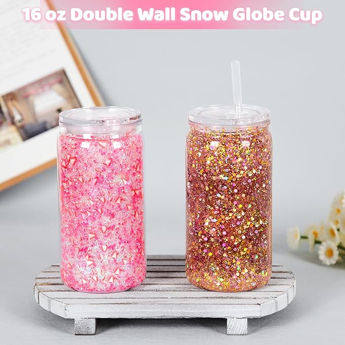 12 Pack Snow Globe Tumbler with Pre Drilled Hole, 16 Oz Double Wall Plastic Can with Lid and Straw, Plastic Mason Jar Mug for Snow Globe Glitter DIY Gift (Clear)