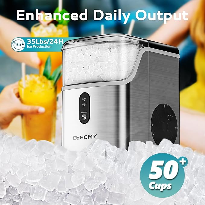 EUHOMY Nugget Ice Makers for Countertop with Ice Scoop & Basket, Self-Cleaning Sonic Pebble/Pellet Ice Maker Machine with 35lbs/24H Soft Ice for Home/Kitchen/Office, Stainless Steel, Silver