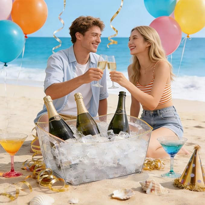 6-Piece Ice Bucket Set with Plastic Scoops | Leak-Proof Large Ice Buckets for Parties, Bars, Outdoor Events | Chilling Containers for Wine, Champagne, Beer (Acrylic, Square-Clear)
