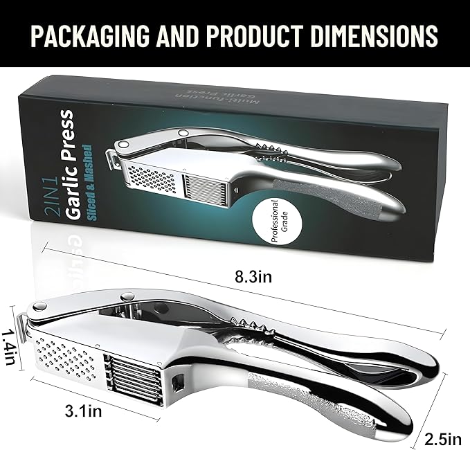 Garlic Press Stainless Steel, Heavy Duty Garlic Crusher & Mincer, Easy Squeeze Ergonomic Handle, Dishwasher Safe, Includes Peeler & Brush, 3-in-1 Set