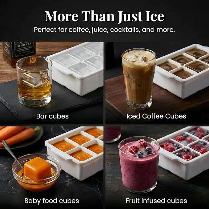 KitchFort Large Silicone Ice Cube Tray (3-Pack), Easy Release 2" Big Ice Cubes - Cocktail, Whiskey Ice Cubes Mold - Ice Trays for Freezer with Lid - Stackable Silicone Ice Tray - White