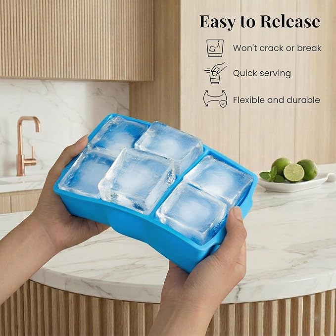 KitchFort Large Silicone Ice Cube Tray (2-Pack), Easy Release 2" Big Ice Cubes - Cocktail, Whiskey Ice Cubes Mold - Ice Trays for Freezer with Lid - Stackable Silicone Ice Tray - Blue