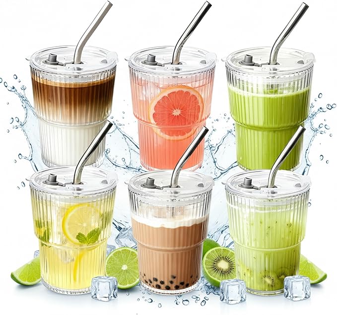 6 Packs Ribbed Glass Tumbler with Lid and Straw Ice Coffee Cup Employee Christmas Appreciation Gift Idea Bulk Team Boss End Year Work Office Staff Coworker Team Group Colleague Teamwork Thank You
