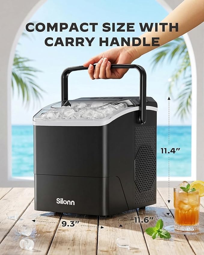 Silonn Countertop Ice Maker, 26 lbs/Day Fast Ice in 6 Mins, Compact Self-Cleaning Ice Machine for Home, Kitchen, Office & Parties, Black