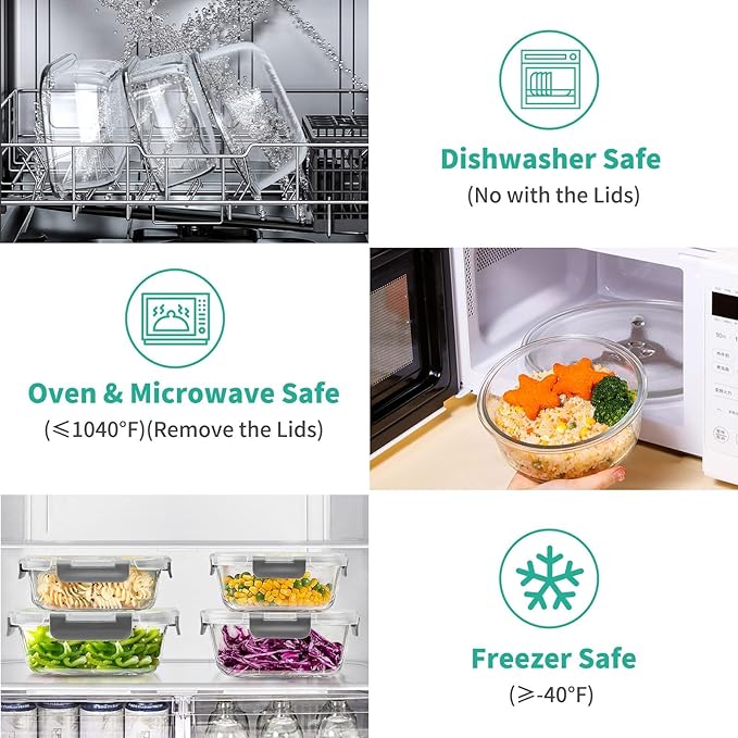 34pcs Glass Food Storage Containers with Lids Set, Airtight Glass Meal Prep Containers (17 Containers & 17 Lids), Leak Proof Lunch Container BPA-Free, Microwave, Oven, Freezer, Dishwasher Safe-Grey