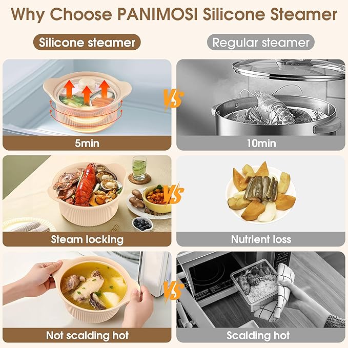 42oz Microwave Silicone Steamer 3 Compartmented for Vegetables/Fish/Baby Food, 4 in 1 Microwave Pot with Handle, Lid, Basket, Recipe ,Oven & Dishwasher Safe, Easy Clean, Korea Design 100% Food Grade (Pink)