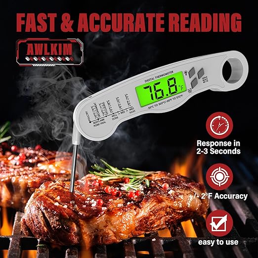 Fast Instant Read Meat Thermometer with Backlight - Waterproof Digital Food Probe for Grilling, Cooking, Baking & Candy Making - Kitchen & BBQ Essential(White)