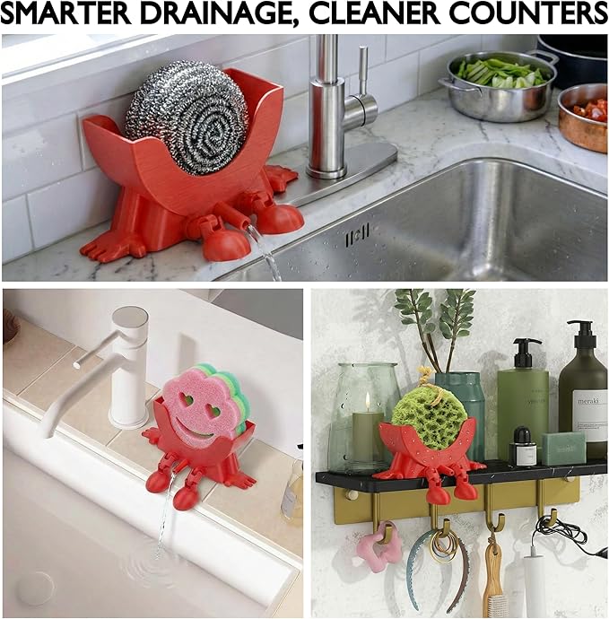 Cute Hanging Sponge Holder with Drainage & Legs, 3D Printed Funny Sink Stand for Round Sponges, Aesthetic Kitchen Sink Edge Organizer, Countertop Decor, Quick-Drying Storage Cleaning Gadget