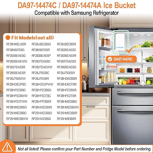 Upgraded DA97-14474A DA97-14474C Ice Bucket Compatible with Samsung Ice Bucket Replacement Samsung Ice Maker Tray Parts RF28HMEDBSR RF263BEAESR RF265BEAESR RF26J7500SR Refrigerator Ice Container Bin