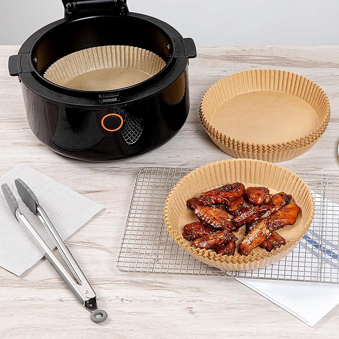 Restaurantware-Pastry Tek 8.1 x 8.1 x 1.8 Inch Air Fryer Liners, 100 Round Air Fryer Baskets - No-Stick Silicone Coating, Unbleached, Food-Grade Paper Liners, For Steamer, Microwave, Oven, Fry Pan