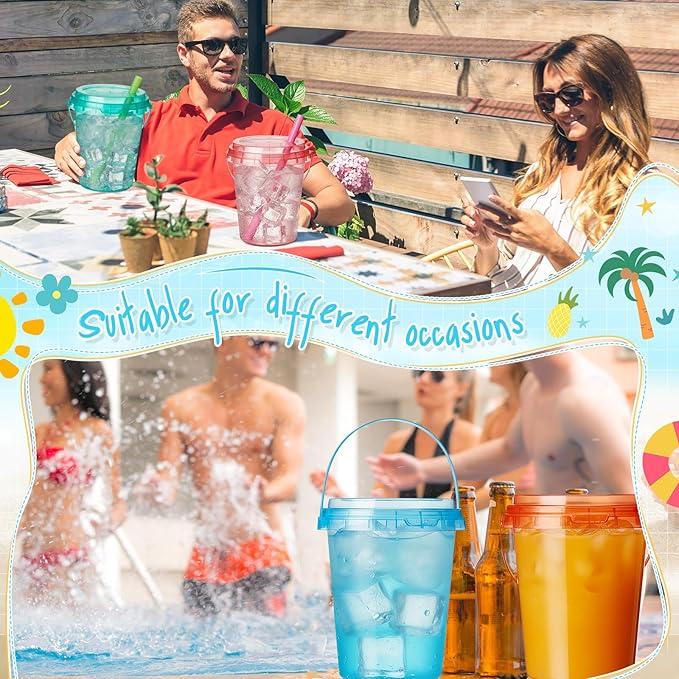 Funnymoom 60 Set 34oz Disposable Plastic Drink Buckets with Lids and Straws Pastel Iced Coffee Cups Rum Buckets for Cocktail Parties Smoothie Cup Bulk with Handles for Beach Pool Party Supplies