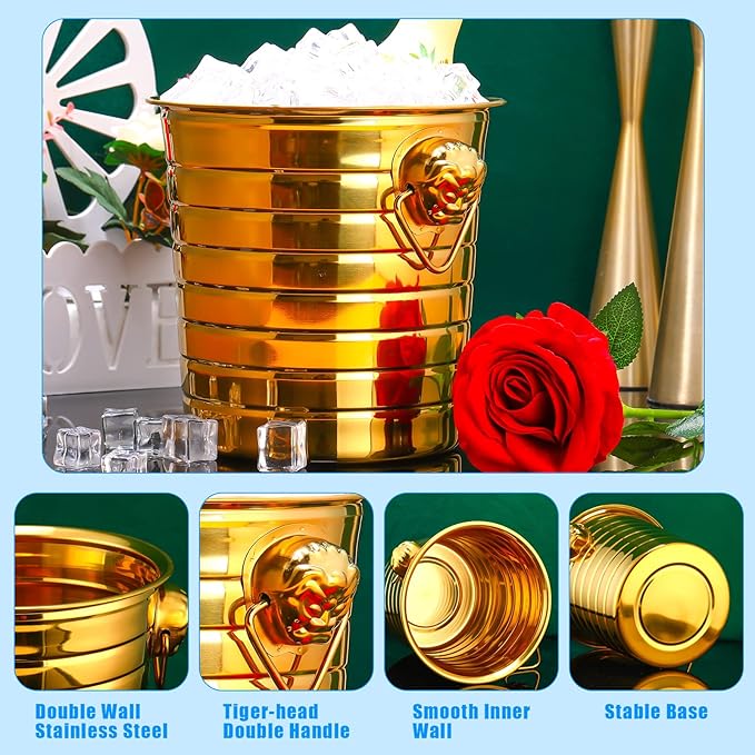 Pinkunn 6 Pack Stainless Steel Champagne Bucket 3 Qt Metal Ice Bucket Double Wall Wine Buckets with Handles Party Beverage Chiller for Champagne Beer Cocktail Wine Drinks Home Bar Accessories (Gold)
