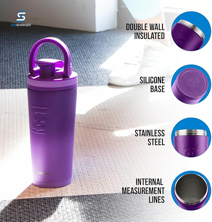 Ice Shaker Insulated Stainless Steel Shaker Bottle | 26oz, Purple Color Rush | Cold for 24+ Hours | Insulated Cup with Twist Agitator | Odor-Free Bottle for Protein Shakes, Water, Smoothies, Cocktails