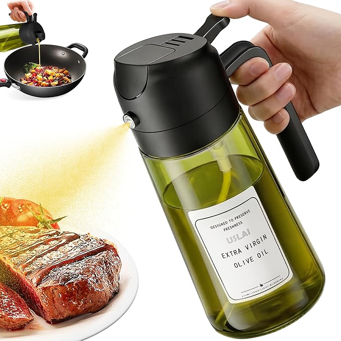USLAI Oil Sprayer for Cooking, 16oz/470ml 2 in 1 Glass Olive Oil Dispenser Bottle for Kitchen, Air Fryer, BBQ and Salad - Green