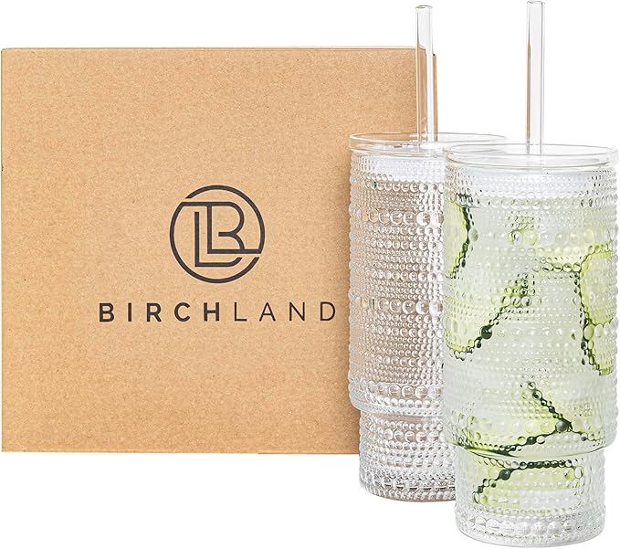 Birchland All Glass Hobnail Tumbler with Glass Lid and Straw, Beaded Style Set of 2 (16 oz Hobnail)