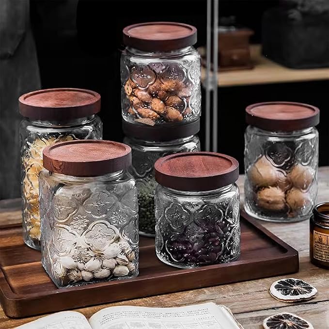 Custde Glass Storage Jars With Airtight Lid, 23.7oz Container For Kitchen Counter with Wooden Lid, brown sugar, candy, coffee, cookie, salt, tea, cute Jar (Sunflower*2)
