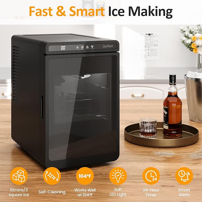 Crystal Clear Ice Maker, Compact Countertop Ice Machine, 3 x 1.6 Ice Cubes in10-Mins, Self-Cleaning, LED Light & Timer, Portable Electric Ice Maker for Kitchen, Bar, RV, Black