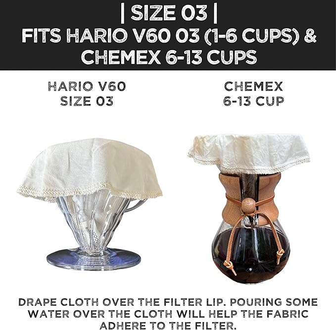(2-Pack) Reusable Organic Cotton Pour Over Cone Filters for Hario V60 and Chemex Style Style Filters — Pourover Coffee Filter Maker Cup Ceramic, Glass, Plastic Dripper (Size 03, 1-6 Cups)