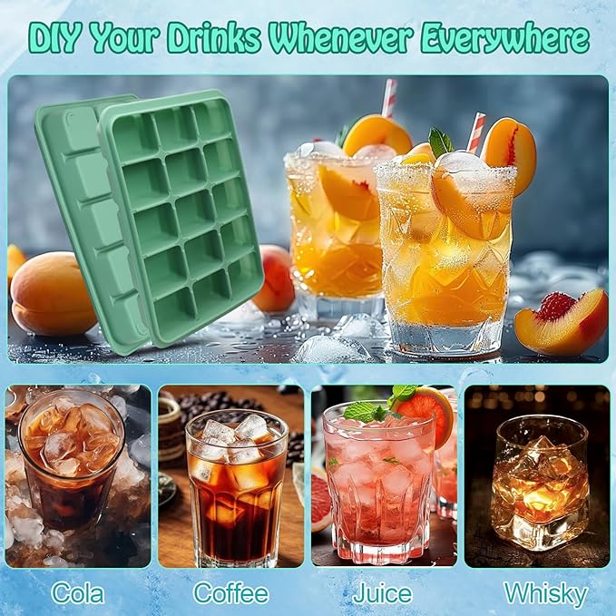 2 Pcs Easy Release Ice Cube Trays, Bamboo Green Flexible Silicone Ice Cube Molds Removable Lid Stackable for Whiskey, Beverages, Baby Food (15 cubes 0.7oz)