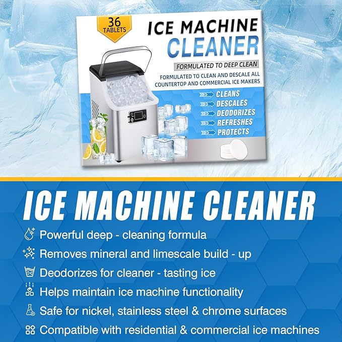 Tiepetly Ice Machine Cleaner Tablets, Countertop Ice Maker Cleaner, 36 Counts Descaler, Nickel Safe Commercial Portable Nugget Ice Makers, Remove Hard Water Buildup, Deep Cleaning
