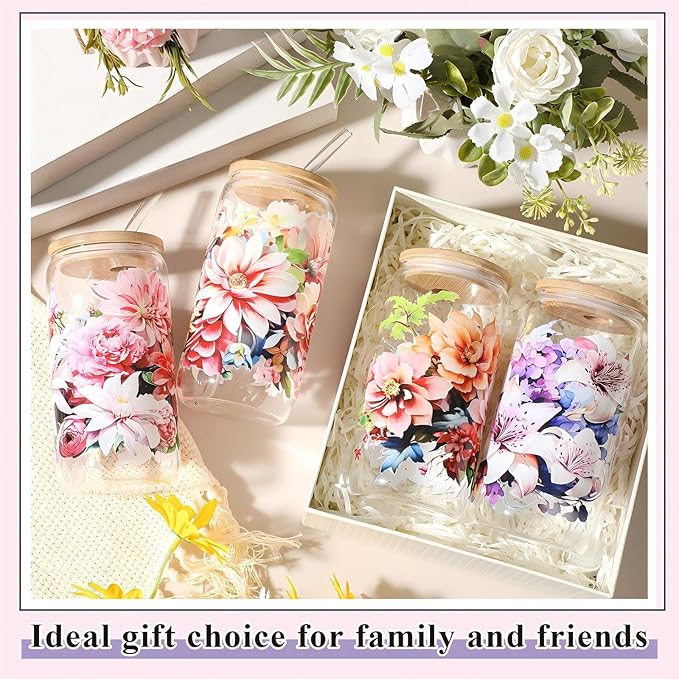 Mumufy 4 Pack Gift for Women Bloom Floral Elegant Glass Cup Tumbler Blooming Garden 16 oz Iced Coffee Glass with Bamboo Lid & Straw, Mothers Day Birthday Gift for Mom Sister Bridesmaid Baby Shower