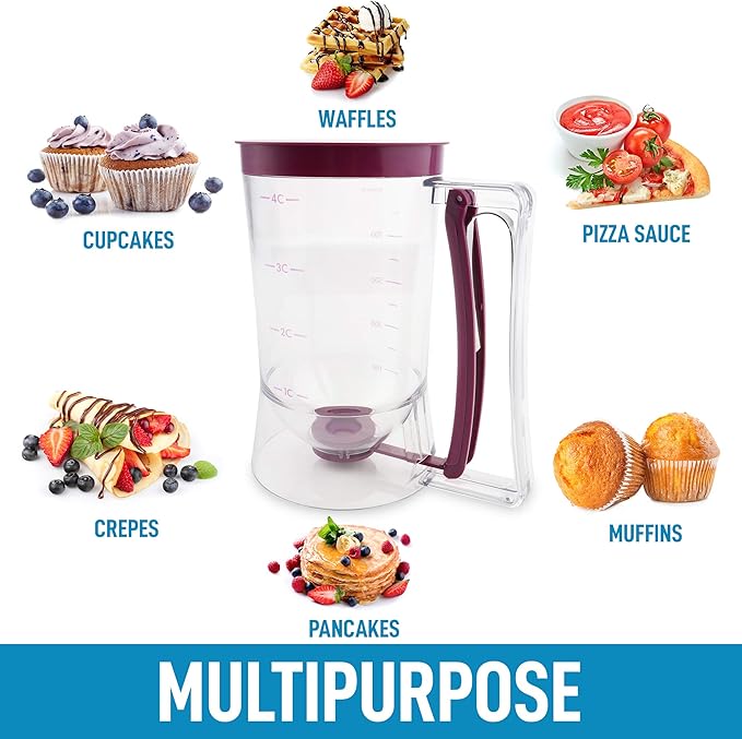 Zulay Kitchen 4 Cup Pancake Batter Dispenser With Squeeze Handle - Pancake Dispenser For Batter With Measuring Label - Pancake Batter Mixer Dispenser Bottle For Cupcakes, Crepes, Waffles & More