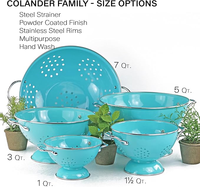 Reston Lloyd, 3 Quart Powder Coated Steel Kitchen Strainer Basket for draining Pasta, Vegetable and Fruit, Chrome Handles and Wide Stable Base, Aqua-Blue