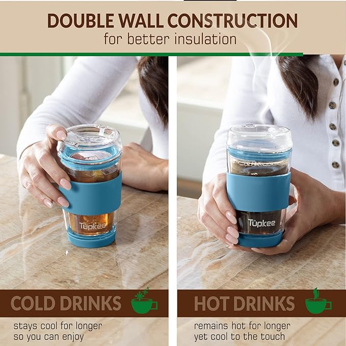 Tupkee Double Wall All Glass Tumbler - 8-Ounce, Reusable Insulated Tea/Coffee Mug & Lid, Hand Blown Glass Travel Mug - Niagara - 2 Pack
