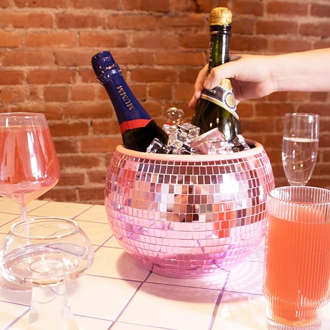 NPW Pink Disco Ball Ice Bucket – Mirrored Cocktail & Champagne Ice Bucket for Parties, Girls’ Night & Bachelorette