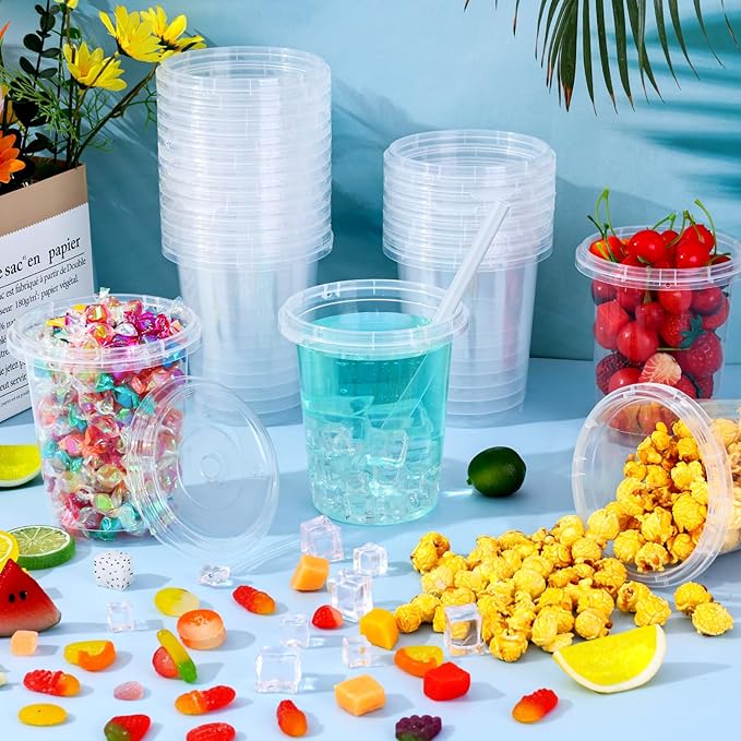 mwellewm 30 Pcs Drink Buckets with Lids and Straws, 34 oz with Handles Disposable Clear Rum Plastic Coffee Lemonade Cocktail Bucket Cups with Lid for Parties, Pool and Picnic