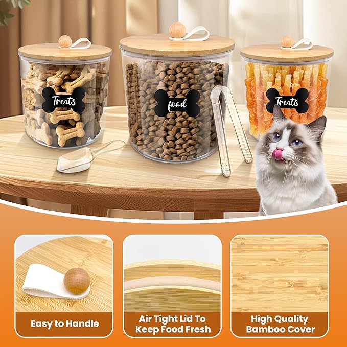 HOYTAMDAR 3 Pack Airtight Dog Food Storage Container, Dog Treat Container Dog Food Containers with Bamboo Lids 8x7''&6x5'',Pet Food Storage Container,Cat Food Container with Scoops,Clamp,Labels,Pen