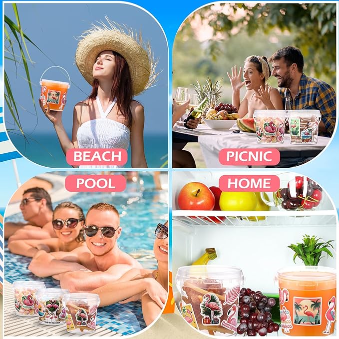 PerKoop 20 Pcs 32 oz Ice Cream Buckets with Lids and Handles Clear Cocktail Rum Buckets with Stickers Plastic Transparent Tub Reusable Food Storage Containers for Parties(Flamingo)