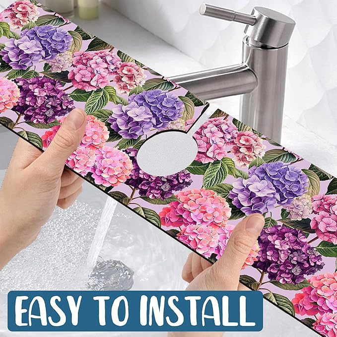 Colorful Hydrangea Kitchen Sink Splash Guard Faucet Mat Purple Pink Hydrangea Super Absorbent Fast Drying Mat Sink Splash Guard Behind Faucet for Kitchen Bathroom, 23.5"x5.5"