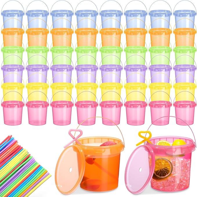 Funnymoom 48 Pack 25 oz Plastic Rum Buckets Bulks for Drinks with Straws Reusable Ice Cream Cocktail Cups Neon Party Bucket with Lids Handles Food Containers Cup for Summer Beach Bar Beer